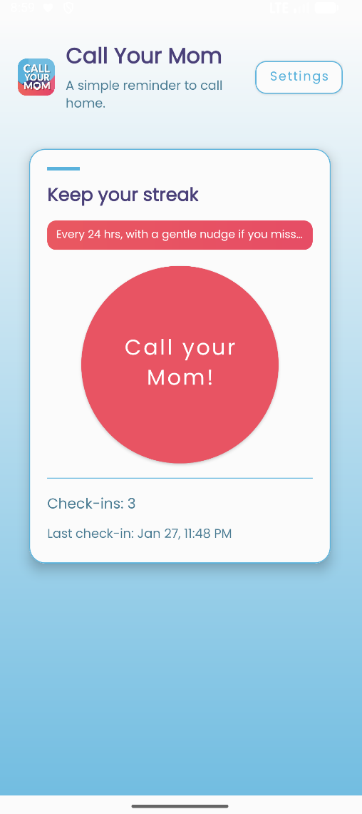 Home screen showing the call button and streak