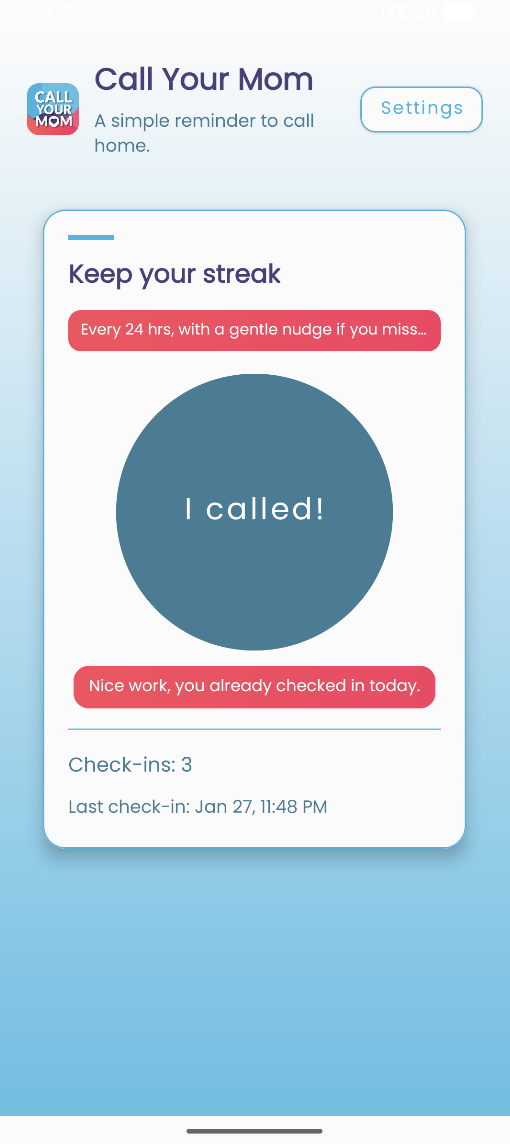 Checked-in confirmation screen