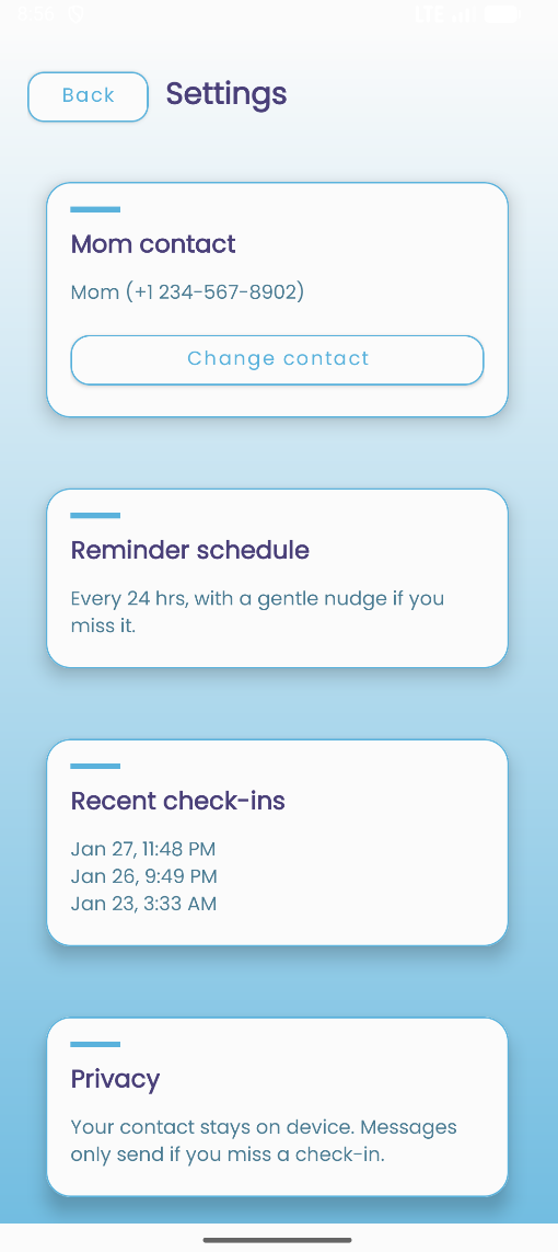 Settings screen with contact and schedule